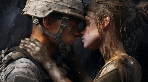 A kiss goodbye between two soldiers going off to war.