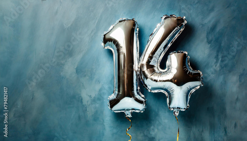 Banner with number 14 silver balloon. 14 years anniversary celebration. Dark blue background.