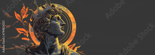 Helios Helius ancient Greek religion and mythology banner with Copy space. The god who personifies the Sun. He is often given the epithets Hyperion the one above and Phaethon the shining.