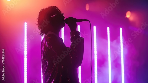 A dramatic shot of the singer against a gradient of purple neon lights. 