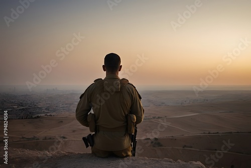 Soldier guarding the horizon at sunset