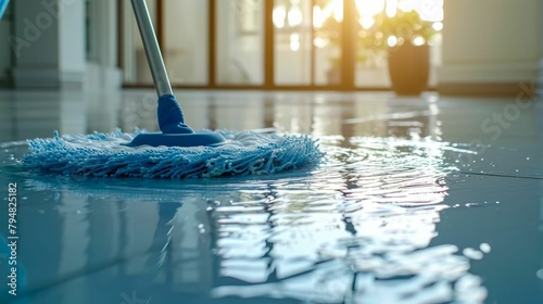 A mop-wielding cleaner conquers hard floors, banishing dirt and leaving behind a gleaming, well-polished surface