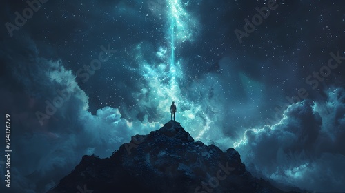 Silhouetted person standing atop a mountain peak, witnessing an awe-inspiring cosmic phenomenon in the star-studded night sky, Digital art style, illustration painting.