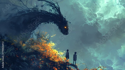 Two children encounter a mythical creature hidden within the ethereal mists of a mystical forest, a moment frozen between wonder and fairy-tale mystery, Digital art style, illustration painting.