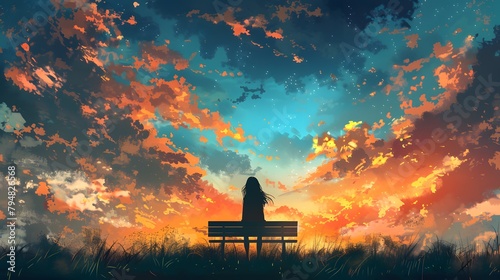 A solitary figure sits on a bench, lost in thought while gazing at a breathtaking sunset that paints a vibrant tapestry of colors across the sky, Digital art style, illustration painting.