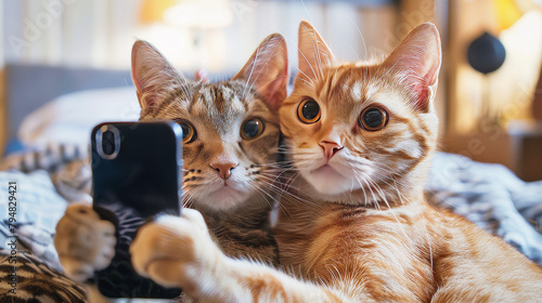 Two cute cats making selfies with cell phone