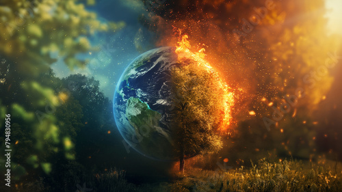 Burning Globe with Lush Forest Background 