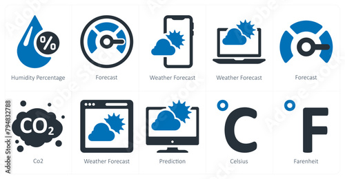 A set of 10 Weather icons as humidity percentage, forecast, weather forecast