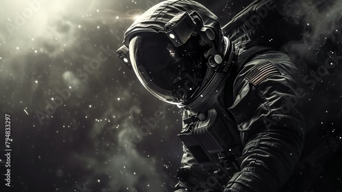 A striking black and white image of an astronaut clad in a space suit, set against the vast, star-studded expanse of the cosmos.