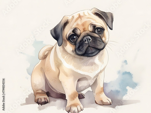 Watercolor painting of a playful pug puppy The puppy's tilted head and light brown color. creates a charming picture on a white background