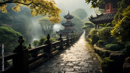 A tranquil walkway leads to a beautiful pagoda nestled among lush trees