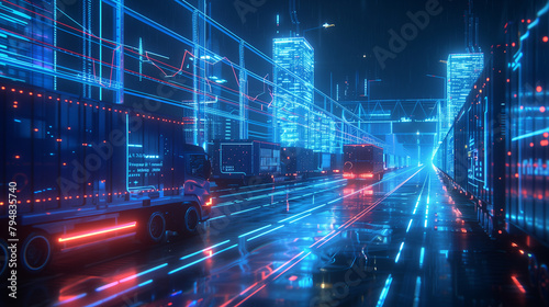 Logistic transportation cargo truck modes of transport 3D Hologram wireframe pixels and blue neon light with future transportation concept