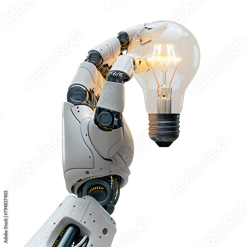 Ai robot hand holding lightbulb on isolated transparent background