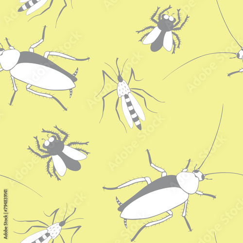 Vector seamless pattern of insect pests - oriental cockroaches, flies, mosquitoes. Light background and pest control texture.