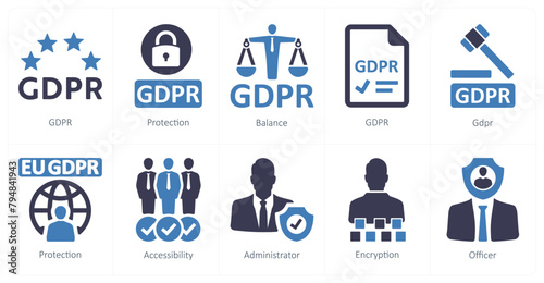 A set of 10 gdpr icons as gdpr, protection, balance