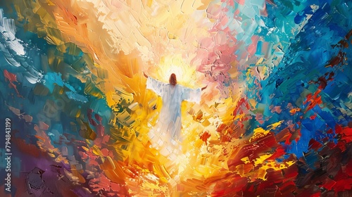 The Ascension of Jesus, illustrated with ascending brushstrokes and a palette of heavenly colors