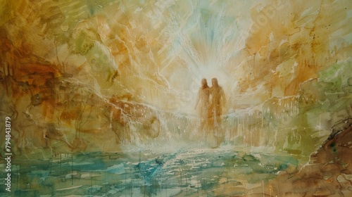 The baptism of Jesus by John the Baptist, depicted with subtle watercolor washes and divine light