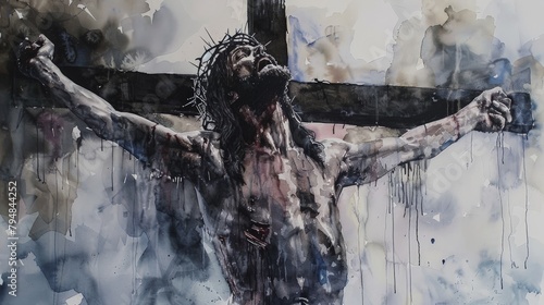 The crucifixion of Jesus, portrayed with stark, somber watercolors to evoke powerful emotions