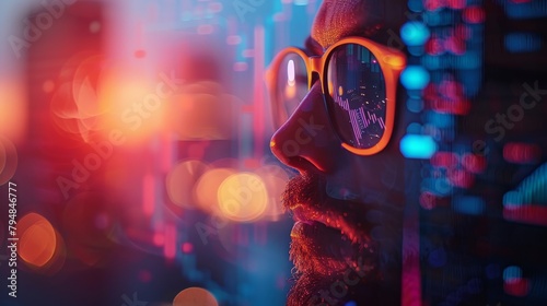 A man wearing glasses with a reflection of a circuit board in them.