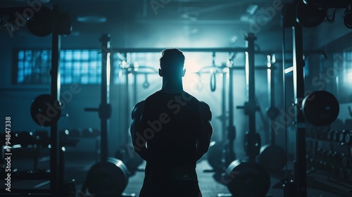 A muscular man standing with his back turned to the camera in a dark gym.