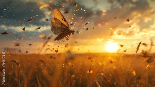 An artistic composition featuring a locust in mid-flight, captured against a dramatic sky at sunset.
