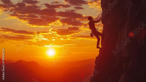 A rock climber scales a sheer cliff face as the sun sets behind them.