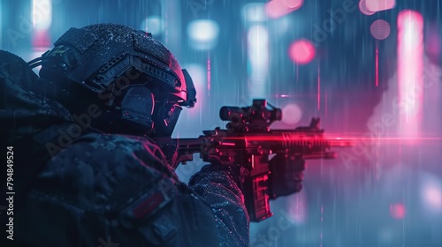 A soldier aiming his gun in the rain with a red laser sight.