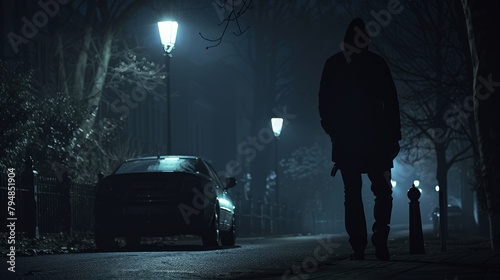 A masked thief stealthily approaching a car parked on a deserted street under a streetlamp