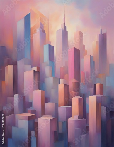Dreamlike, flat, geometric cityscape in oink and blue pastel colors, Generative AI.