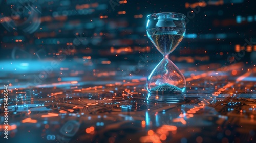 An hourglass with digital pixels spilling like sand, symbolizing the passing of time in the digital era and the accumulation of electronic waste.