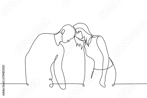 man and woman standing resting their foreheads against each other - one line art vector. concept heterosexual couple in confrontation or conflict, hardheaded or stubborn people