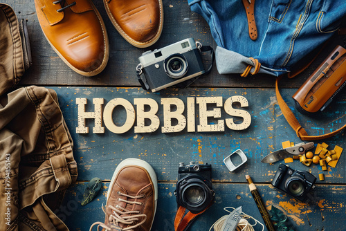 Hobbies Activity Amusement Freetime Interest Concept , with writing " HOBBIES " 