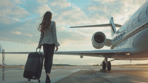 With apparent calm and confidence, a businesswoman walks along the runway, where her private jet is already waiting. A business trip of a successful lady on business and business.