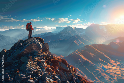 A man is standing on a mountain top with a backpack by AI generated image
