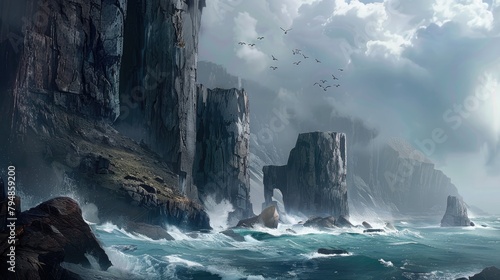 A rugged, rocky coastline with towering cliffs and crashing waves below.
