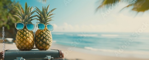 Beach Bliss. Sunglass-Wearing Pineapples Lounge on the Shoreline, Immersed in the Warmth of Sunbathing Leisure. Holiday and vacation concept banner with a seaview