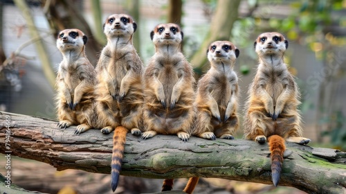  Four meerkats atop a tree branch face a gathering of their fellow meerkats below