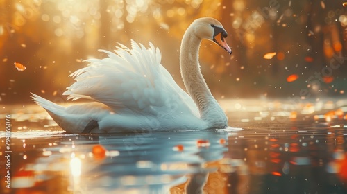  A white swan floats serenely on a sun-kissed lake Surrounding it is a forest ablaze with orange and yellow autumn leaves