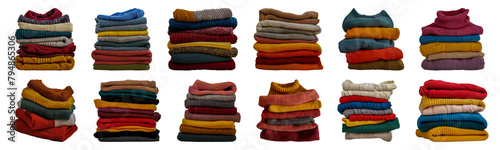 Colorful stacked knit sweaters cut out png on transparent background
