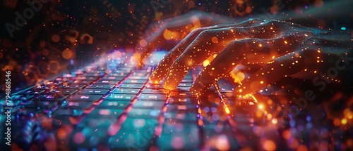 A vibrant close-up image of fingers typing on a futuristic backlit keyboard with neon light effects