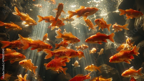  A sizable school of goldfish swim in a substantial water body, as sunlight filters through the surface