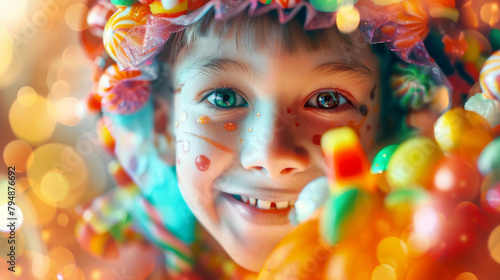 Young happy boy kid with colorful candies in Halloween inspired background
