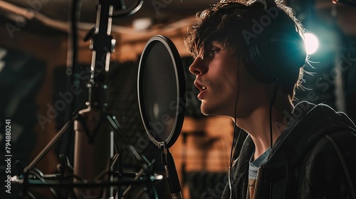 A singer recording vocals in a studio booth with a pop filter