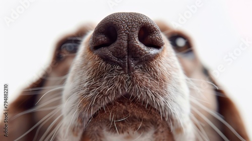  A tight shot of a dog's nostrils and eyes gazing upward at the camera