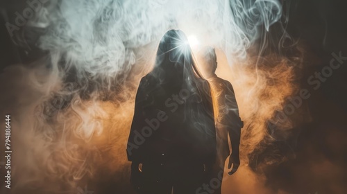  A figure emerges against the foggy backdrop, radiant light emanating from their head, as mist swirls around them; their hands exude tendrils of smoke