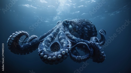  An octopus floats with head and eyes above water's surface