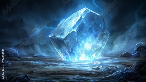  A sizeable iceberg, situated in a rocky expanse, emits a brilliant blue light from its core