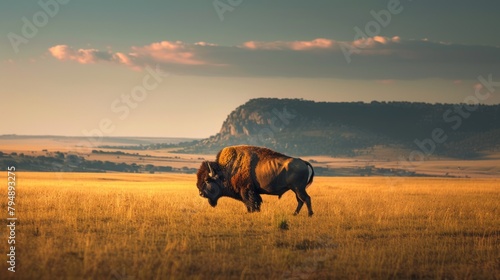 A bison walks gracefully through the grasslands of the Maasai Mara National Park. With towering mountain ranges in the background, African forests, vast savannah landscapes.
