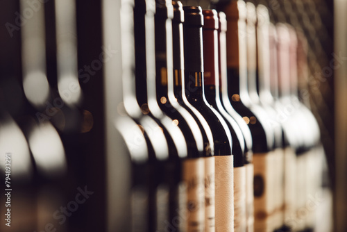 Close-Up View of Wine Bottles Lined Up on Cellar Shelf Highlighting Elite Alcohol Choices