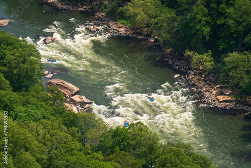 View of Whitewater Rafters at New River Gorge National Park and Preserve in southern West Virginia in the Appalachian Mountains